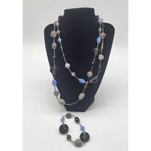 Art Glass Bead Necklace and Bracelet Blue Gray Black Silver